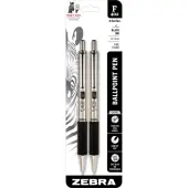 Zebra® Pen F-402 Stainless Steel Retractable Ballpoint Pens, Pack Of 2, Fine Point, 0.7 mm, Silver Barrel, Black Ink