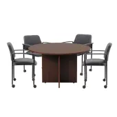 Boss Office Products Round Table And 4 Stackable Guest Chairs Set, 47"" Diameter, Mahogany/Black