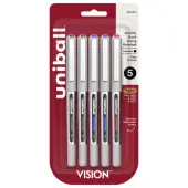 uni-ball® Vision™ Rollerball Pens, Fine Point, 0.7 mm, Gray Barrel, Assorted Ink Colors, Pack Of 5