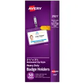 Avery® Secure Top Badge Holders, For 2 1/4"" x 3 1/2"" Badge, Landscape With Clip, Clear, Box Of 50