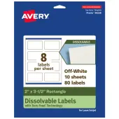 Avery® Print-to-the-Edge Dissolvable Labels With Sure Feed® Technology, 94238-DWMP10, Rectangle, 2""x3-1/2"", Matte Off-White, Pack Of 80