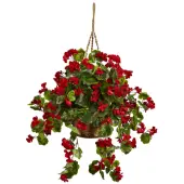 Nearly Natural Geranium 28""H Artificial Indoor/Outdoor UV Resistant Plant With Hanging Basket, 28""H x 28""W x 28""D, Red