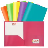 JAM Paper® POP Plastic 2-Pocket School Folders, 9-1/2"" x 11-1/2"", Assorted Fashion, Pack Of 6 Folders