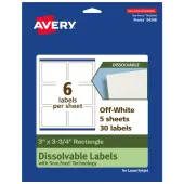 Avery® Print-to-the-Edge Dissolvable Labels With Sure Feed® Technology, 94248-DWMP5, Rectangle, 3""x3-3/4"", Matte Off-White, Pack Of 30