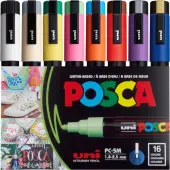 uni® POSCA PC-5M Water-Based Paint Markers, 16 Pack, Reversible Medium Tip (1.8-2.5mm), Assorted Colors