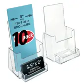 Azar Displays Plastic Trifold Brochure Holders With Business Card Pocket, 7 1/4""H x 4""W x 3 3/4""D, Clear, Pack Of 10