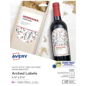 Avery® Water-Resistant Arched Labels With Sure Feed®, Print To The Edge, 22826, Arched, 4-3/4"" x 3-1/2"", Textured Matte White, Pack Of 40