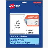 Avery® Printable Vinyl Sticker Paper, 94269-WMVL7, Rectangle, 8-1/2""x11"", Matte White, Pack Of 7