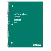 Just Basics® Spiral Notebook, 8"" x 10-1/2"", Wide Ruled, 70 Sheets, Green