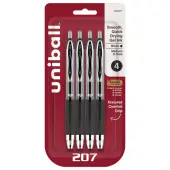 uni-ball® Signo Gel 207™ Retractable Gel Pens, Medium Point, 0.7 mm, Clear Barrel, Black Ink, Pack Of 4 Pens