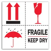 Tape Logic® Preprinted International Safe-Handling Labels, DL4420, ""Fragile, Keep Dry"", 4"" x 4"", Red/Black/White, Roll Of 500