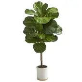 Nearly Natural Fiddle Leaf 42""H Artificial Tree With Ceramic Planter, 42""H x 14""W x 14""D, Green/White