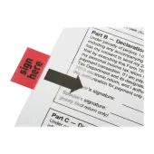 SKILCRAFT® Self-Stick Flags, Rectangular, ""Sign Here"", 1"" x 1 3/4"", Red, Pack Of 100 (AbilityOne 7510-01-389-2262)