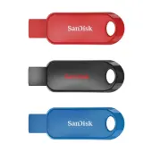 SanDisk® Cruzer Snap USB Flash Drives Pack of 3, 32GB, Black, Blue, Red