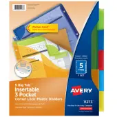 Avery® Dividers for 3 Ring Binders, 5-Tab Binder Dividers, Three-Pocket Plastic Binder Dividers , Multicolor, 1 Set (11273)
