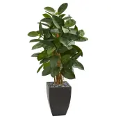 Nearly Natural 56"" Artificial Rubber Tree With Planter, Green/Black