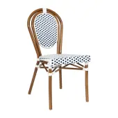 Flash Furniture Lourdes Indoor/Outdoor Commercial Thonet Bistro Stacking Chair, PE Rattan and Aluminum Frame, White & Navy/Natural Frame