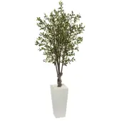 Nearly Natural 6'H Olive Artificial Tree With Tower Planter, 72""H x 24""W x 24""D, White/Green