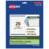 Avery® Print-to-the-Edge Dissolvable Labels With Sure Feed® Technology, 94106-DWMP5, Square, 1-1/2""x1-1/2"", Matte Off-White, Pack Of 100