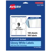 Avery® Glossy Permanent Labels With Sure Feed®, 94126-WGP100, Arched, 3"" x 2-1/4"", White, Pack Of 900