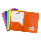 JAM Paper® Plastic 2-Pocket POP Folders With Prongs, Letter Size, 9-1/2"" x 11-1/2"", Assorted Primary Colors, Pack Of 6 Folders