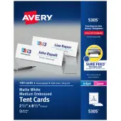 Avery® Printable Tent Cards With Sure Feed® Technology, 2.5"" x 8.5"", White With Embossed Border, 100 Blank Place Cards