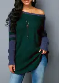 Modlily Varsity Stripe Curved Hem Dark Green Sweater - S