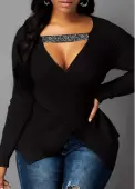 Modlily Asymmetric Hem Cutout Front Black Sweater - S
