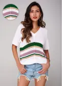 Modlily Contrast V Neck Short Sleeve Sweater - XXL