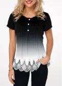 Modlily Black&amp;White Gradient Lace Hem Button Detail T Shirt - L