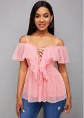 Modlily Strappy Cold Shoulder Lace Up Blouse - S