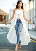 Modlily Chiffon Asymmetric Hem White Cross Strap Camisole Top - XXL