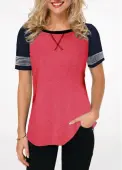 Modlily Contrast Round Neck Short Sleeve T Shirt - S
