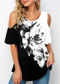 Modlily Floral Print Cold Shoulder Half Sleeve T Shirt - S
