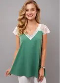 Modlily Lace Stitching V Neck Short Sleeve T Shirt - M