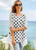 Modlily Lace Stitching Polka Dot 3/4 Sleeve T Shirt - M