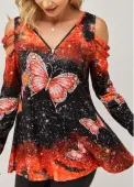 Modlily Quarter Zip Cold Shoulder Butterfly Print T Shirt - S