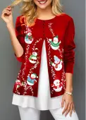 Modlily Faux Two Piece Snowman Print Decorative Button Red T Shirt - M