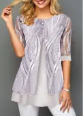 Modlily Women's Grey Half Sleeve Lace Panel Faux Two Piece Casual Shirt - XS