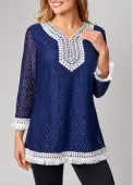 Modlily Lace Tassel 3/4 Sleeve Navy Blue T Shirt - M