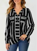 Modlily Striped Color Block V Neck Zipper Detail Blouse - S