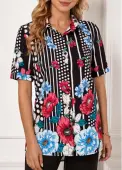 Modlily Polka Dot Floral Print Turndown Collar Blouse - S