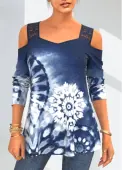 Modlily Lace Stitching Blue Tie Dye Print T Shirt - S