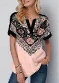 Modlily Floral Print Split Neck Light Pink T Shirt - L