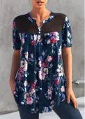 Modlily Split Neck Navy Blue Floral Print T Shirt - S
