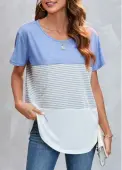 Modlily Round Neck Striped Light Blue T Shirt - L