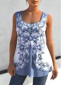 Modlily Dusty Blue Faux Two Piece Floral Print Tank Top - S