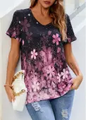 Modlily Floral Print Pink V Neck T Shirt - XL