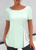 Modlily Waffle Knit Chiffon Panel Light Green T Shirt - M