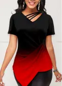 Modlily Red Asymmetric Hem Short Sleeve T Shirt - S
